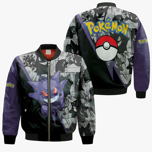 PKM Bomber Jacket PKM Gengar Pokeball Manga Pattern Bomber Black Purple Unisex