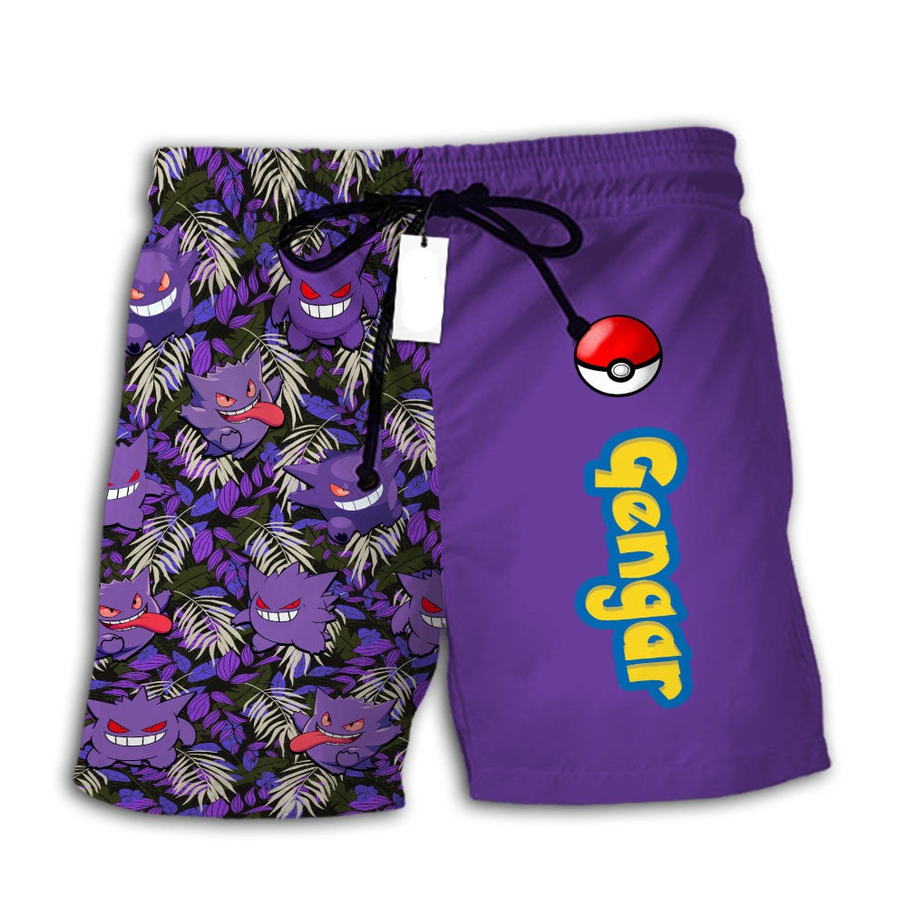 PKM Shorts PKM Gengar Tropical Pattern Beach Shorts Purple Black