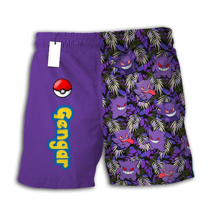 PKM Shorts PKM Gengar Tropical Pattern Beach Shorts Purple Black