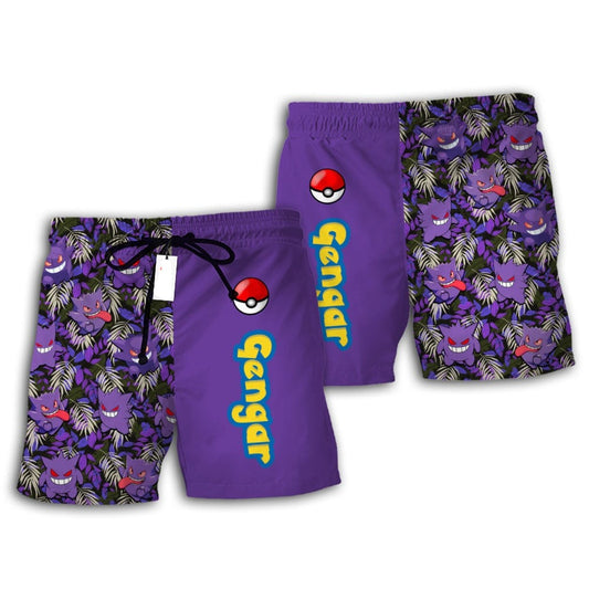 PKM Shorts PKM Gengar Tropical Pattern Beach Shorts Purple Black