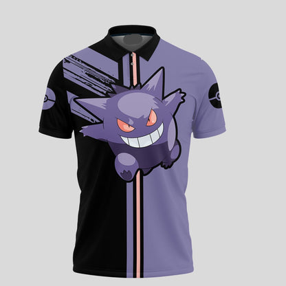 PKM Polo Shirt PKM Gengar Pokeball Silhouette Pattern Polo Tees Black Purple