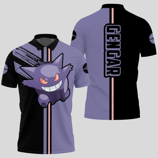 PKM Polo Shirt PKM Gengar Pokeball Silhouette Pattern Polo Tees Black Purple