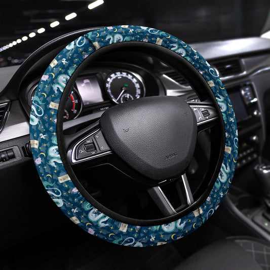 SGhibli Steering Wheel Cover Spirited Away Kohaku Dragon Pattern Driving Wheel Cover Blue