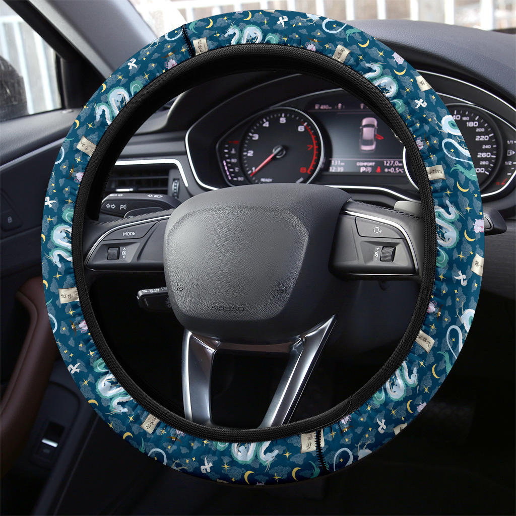 SGhibli Steering Wheel Cover Spirited Away Kohaku Dragon Pattern Driving Wheel Cover Blue