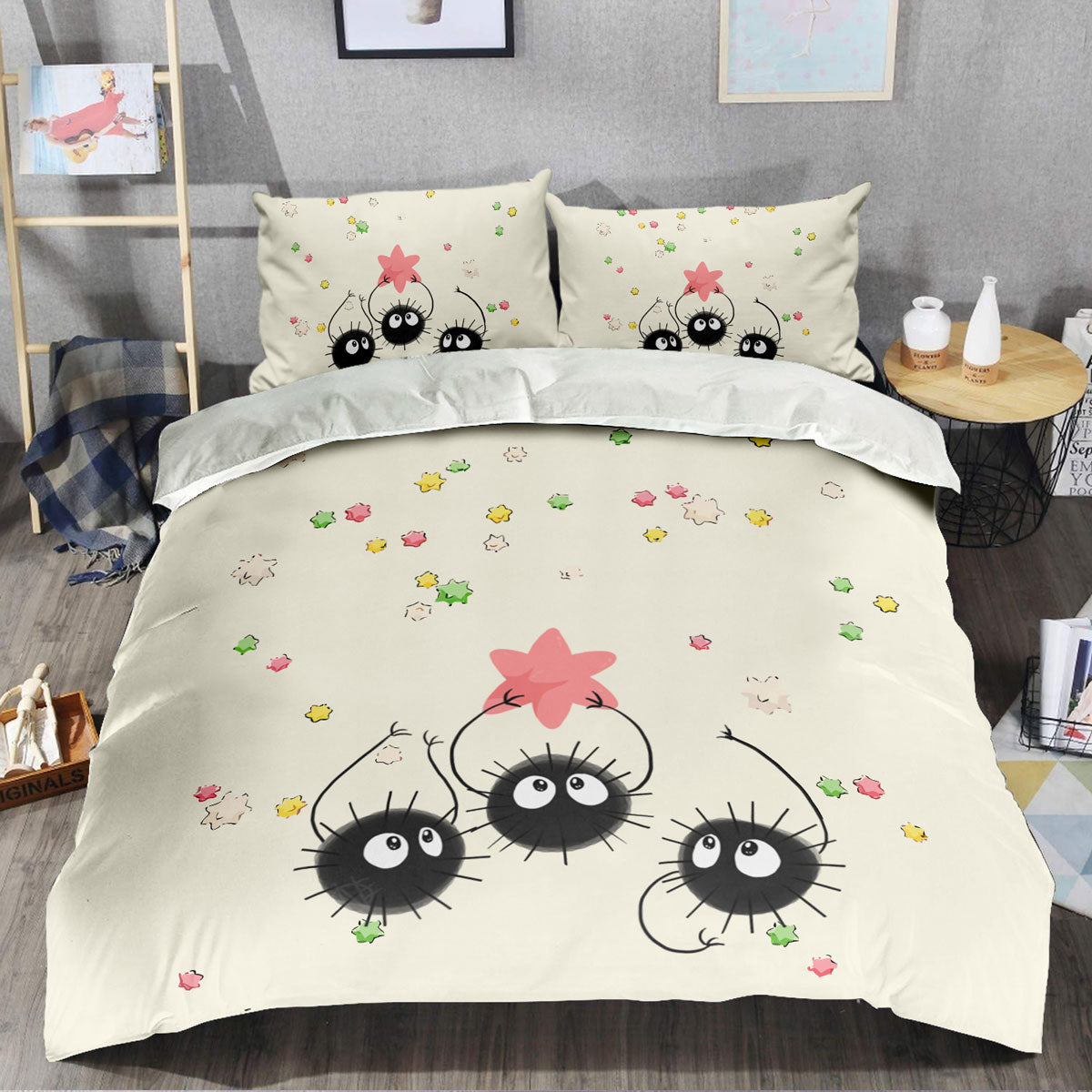 SGhibli Bedding Set Spirited Away Soot Sprites With Stars Duvet Covers White Unique Gift