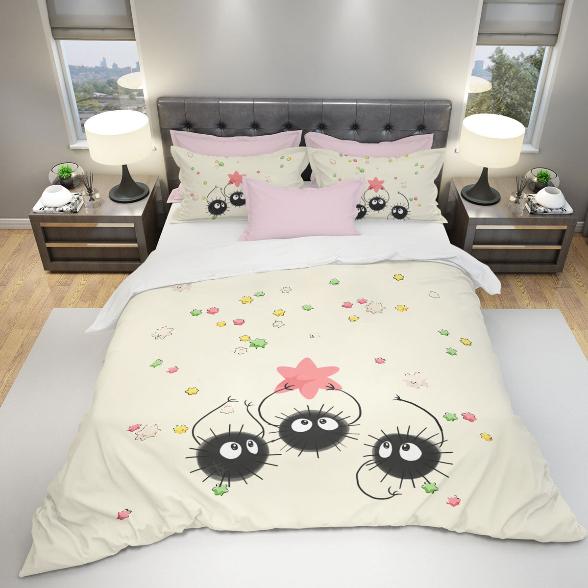 SGhibli Bedding Set Spirited Away Soot Sprites With Stars Duvet Covers White Unique Gift