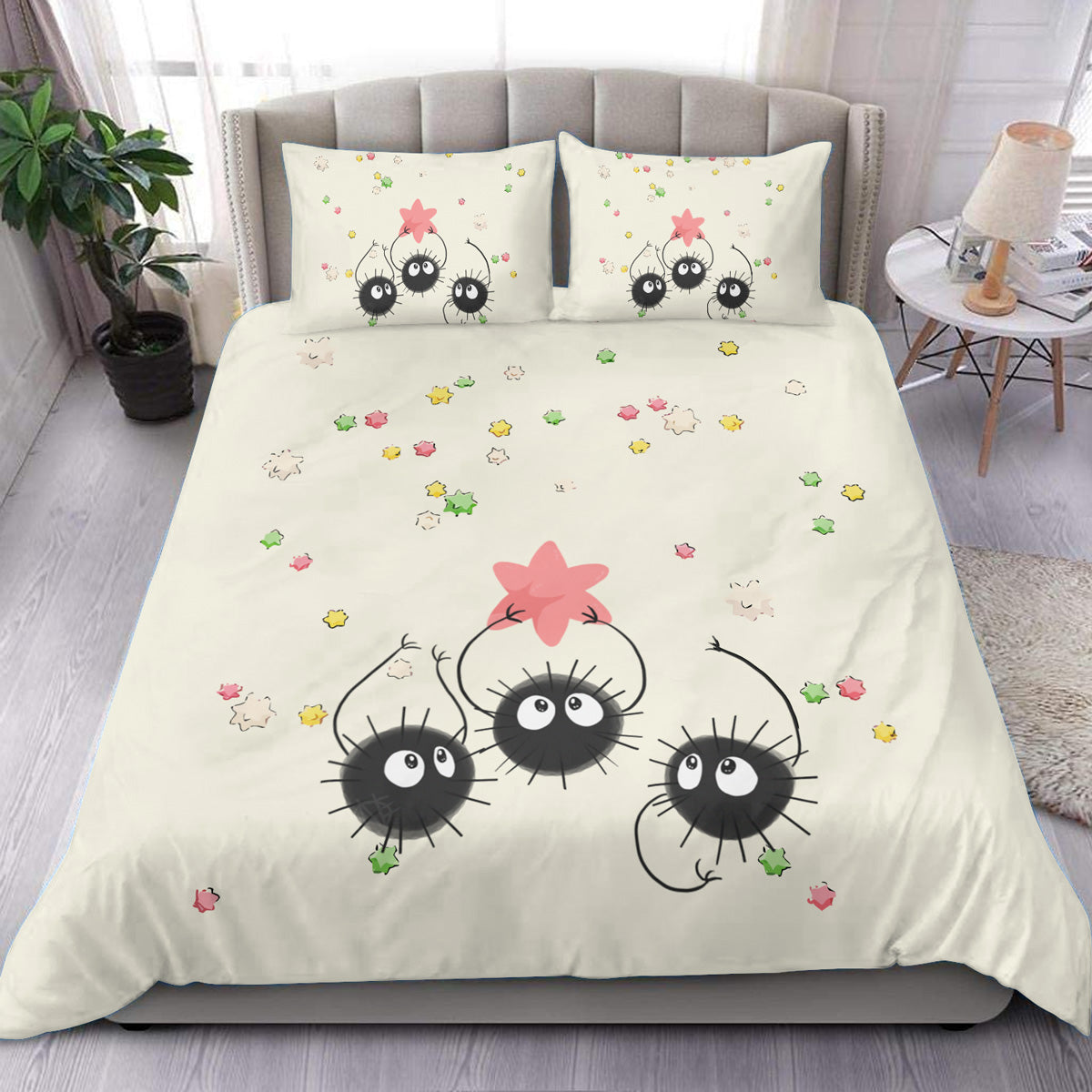 SGhibli Bedding Set Spirited Away Soot Sprites With Stars Duvet Covers White Unique Gift