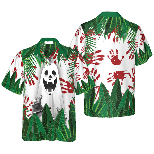 Halloween Hawaii Shirt Ghost In The Bushes Halloween Hawaiian Shirt White Green Unisex