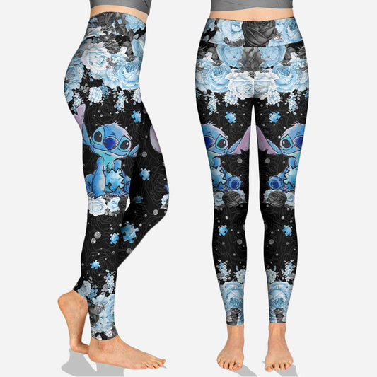 Stitch Leggings Stitch Puzzle Pieces Rose Pattern High Waisted Legging Black Blue For Women