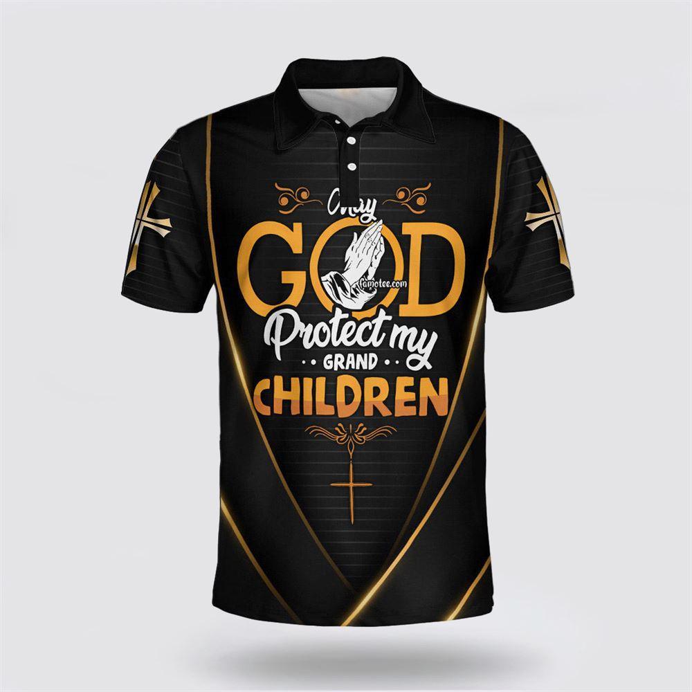 Jesus Polo Shirt God Protect My Grandchildren Polo Tees Black Orange