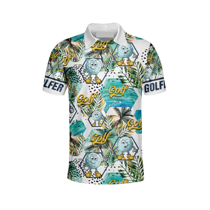 Golf Polo Shirt Golf Ball Tropical Leaves Pattern Golf Shirts White Blue For Men