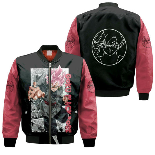 Dragon Ball Bomber Jacket Goku Super Saiyan Rose Manga Pattern Bomber Black Pink Unisex