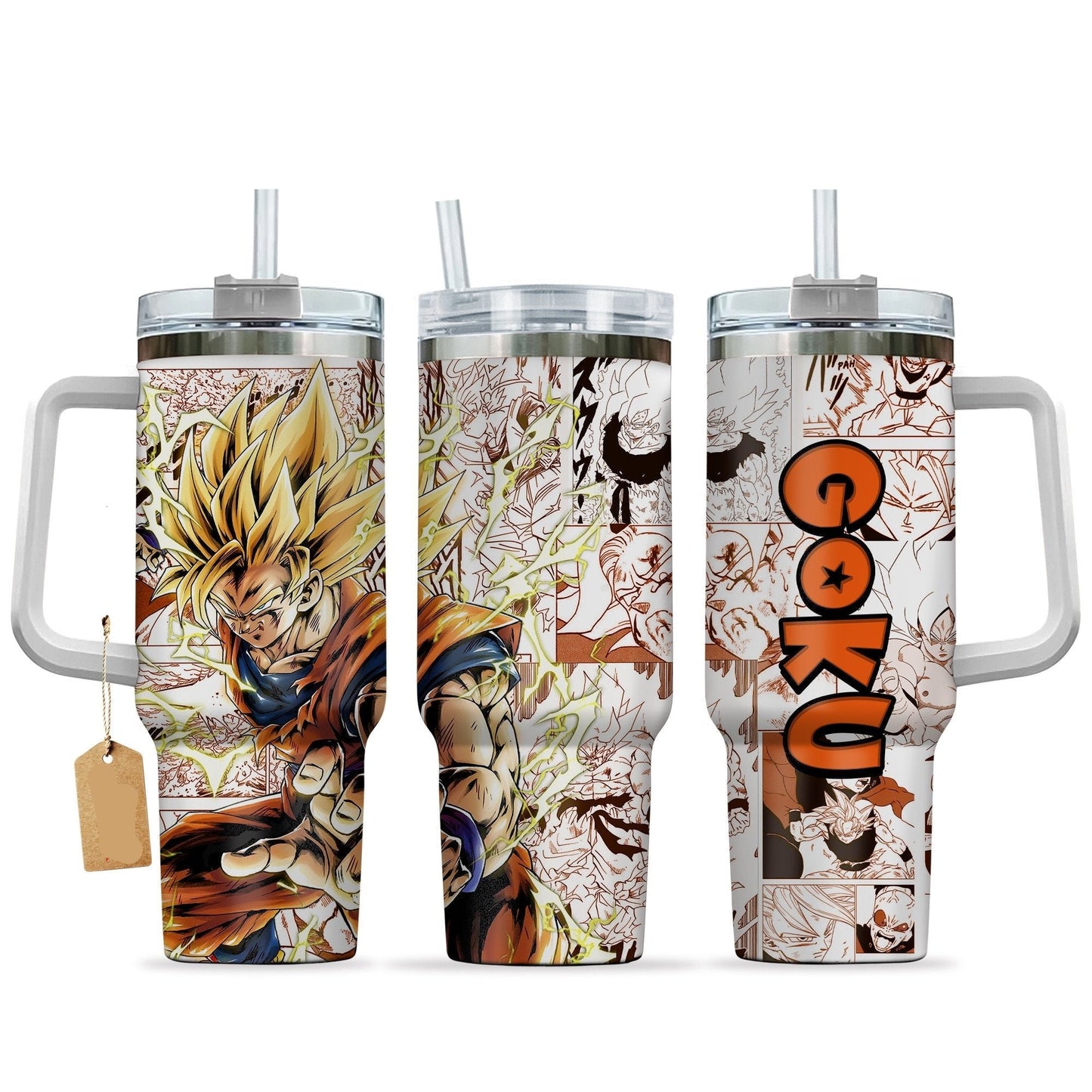 Dragon Ball 40 Oz Tumbler Goku Super Saiyan Manga Pattern Tumbler 40 Oz White Orange