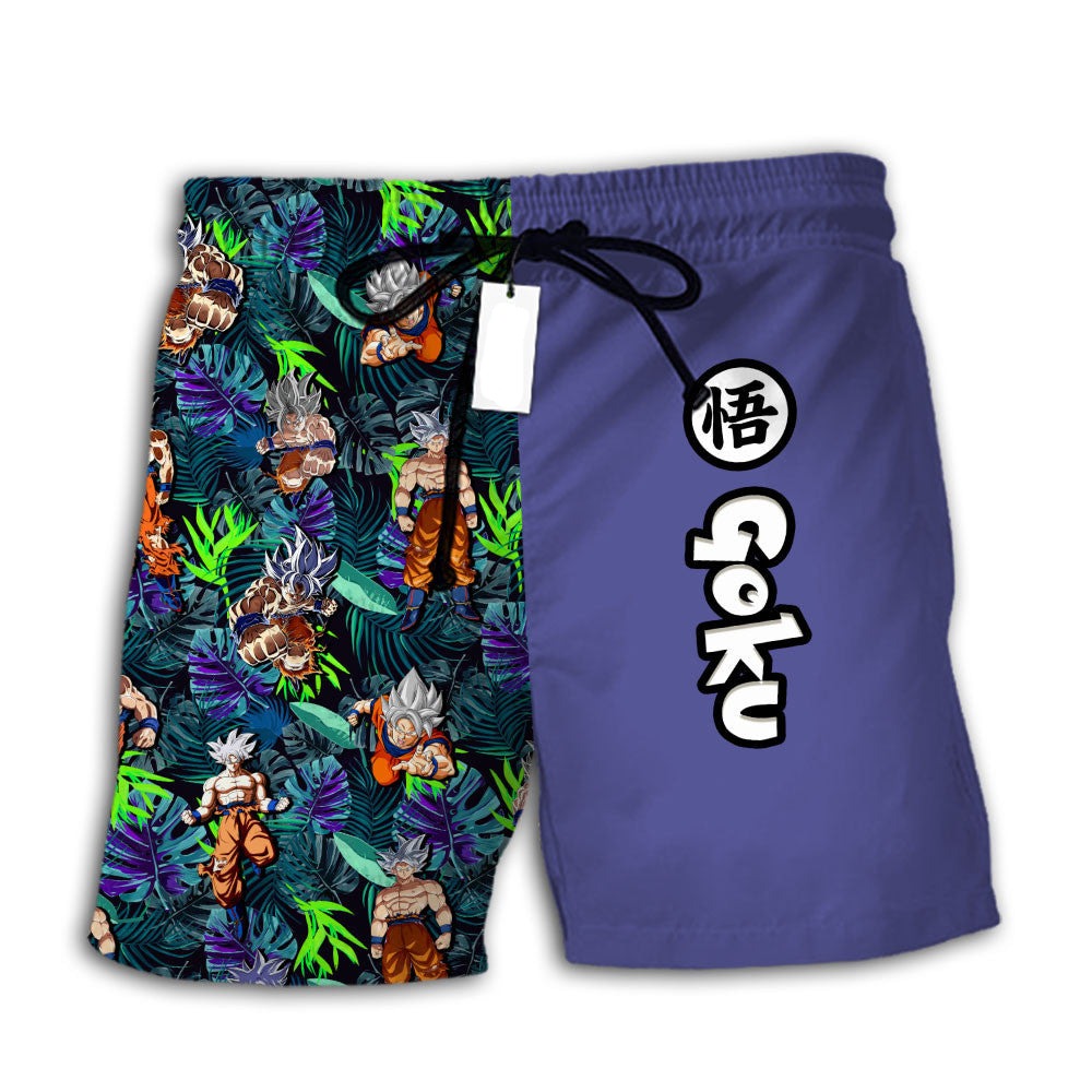 Dragon Ball Shorts Character Goku Ultra Instinct Tropical Pattern Beach Shorts Blue Green