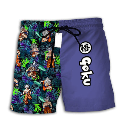 Dragon Ball Shorts Character Goku Ultra Instinct Tropical Pattern Beach Shorts Blue Green