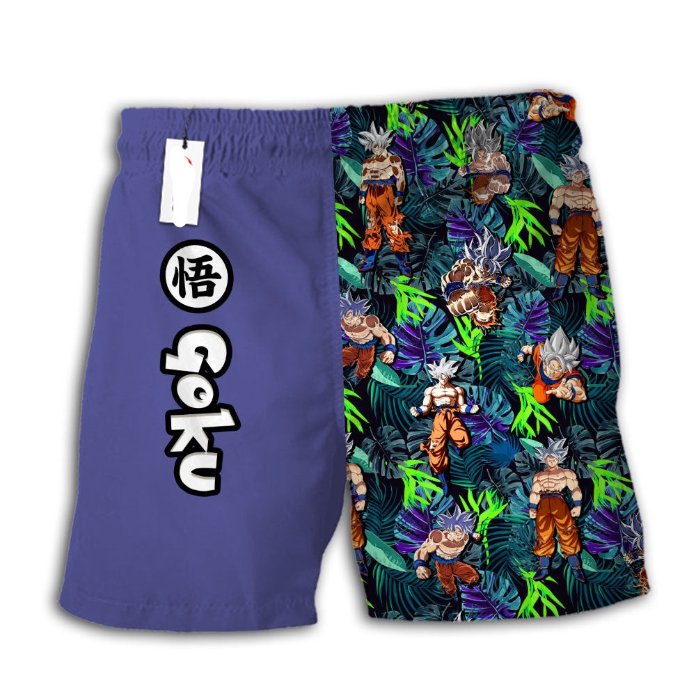 Dragon Ball Shorts Character Goku Ultra Instinct Tropical Pattern Beach Shorts Blue Green