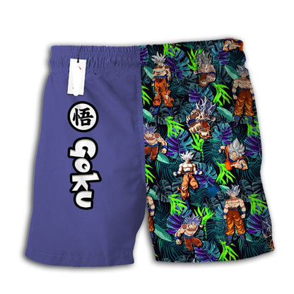 Dragon Ball Shorts Character Goku Ultra Instinct Tropical Pattern Beach Shorts Blue Green