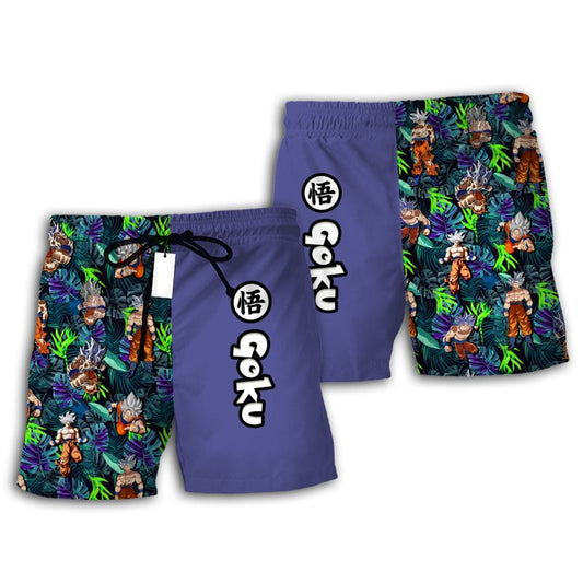 Dragon Ball Shorts Character Goku Ultra Instinct Tropical Pattern Beach Shorts Blue Green