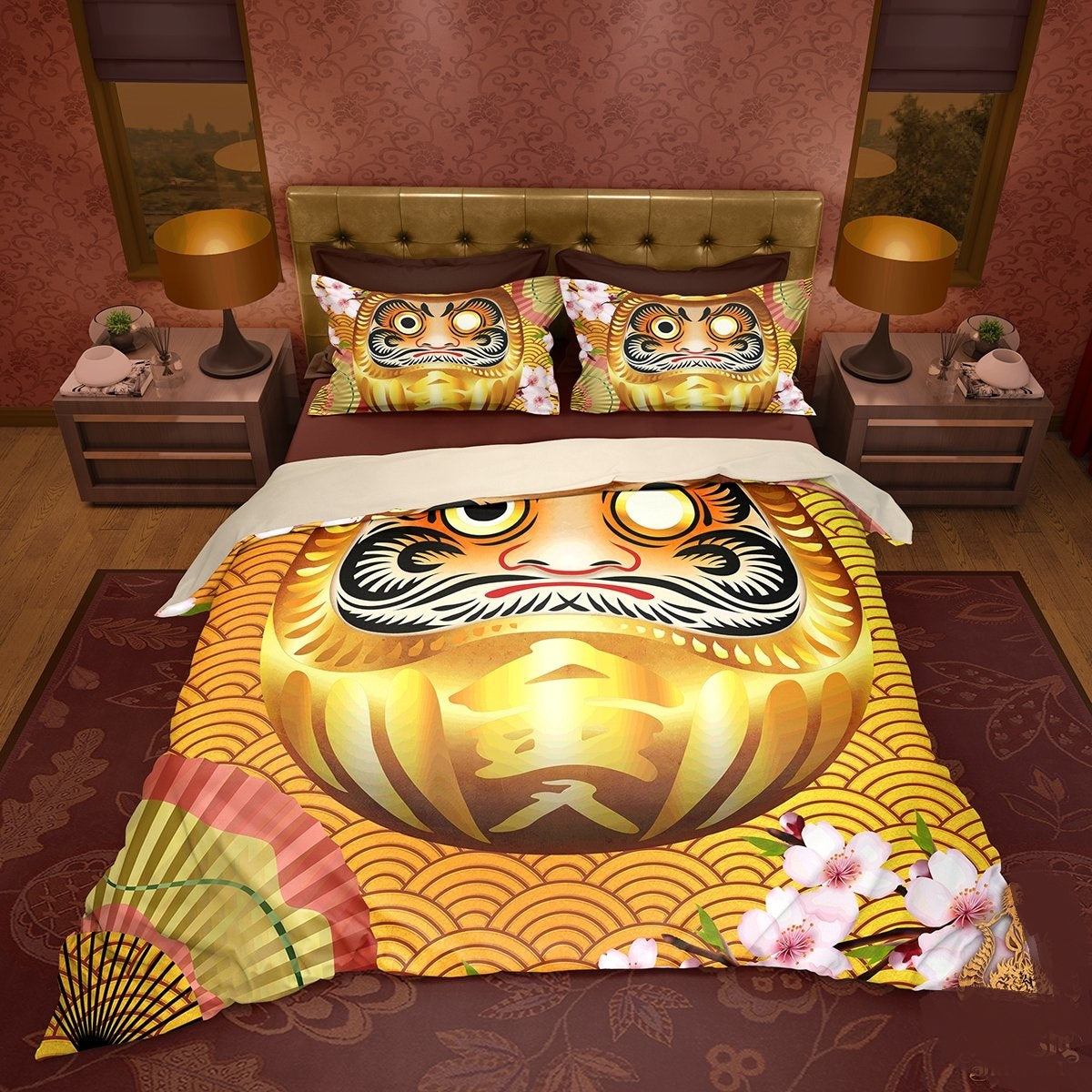 Japan Bedding Set Japanese Daruma Doll Graphic Duvet Covers Yellow Unique Gift