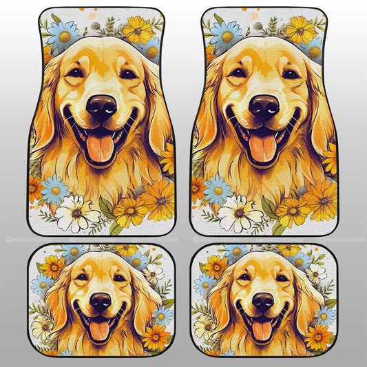 Dog Car Floor Mats Happy Smiling Face Golden Retriever Dog With Flower Car Mats