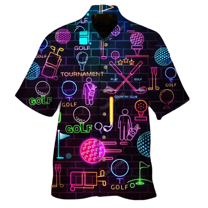 Golf Hawaii Shirt Golf Country Club Equipments Neon Pattern Hawaiian Shirt Black Unisex