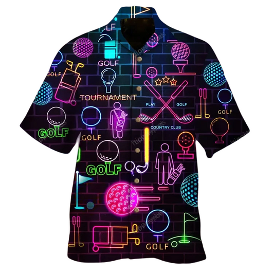 Golf Hawaii Shirt Golf Country Club Equipments Neon Pattern Hawaiian Shirt Black Unisex