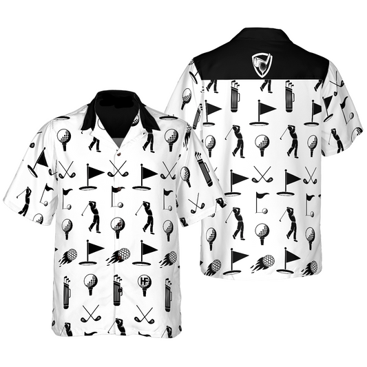 Golf Hawaii Shirt Golfer Equipments Silhouette Pattern Hawaiian Shirt Black White Unisex