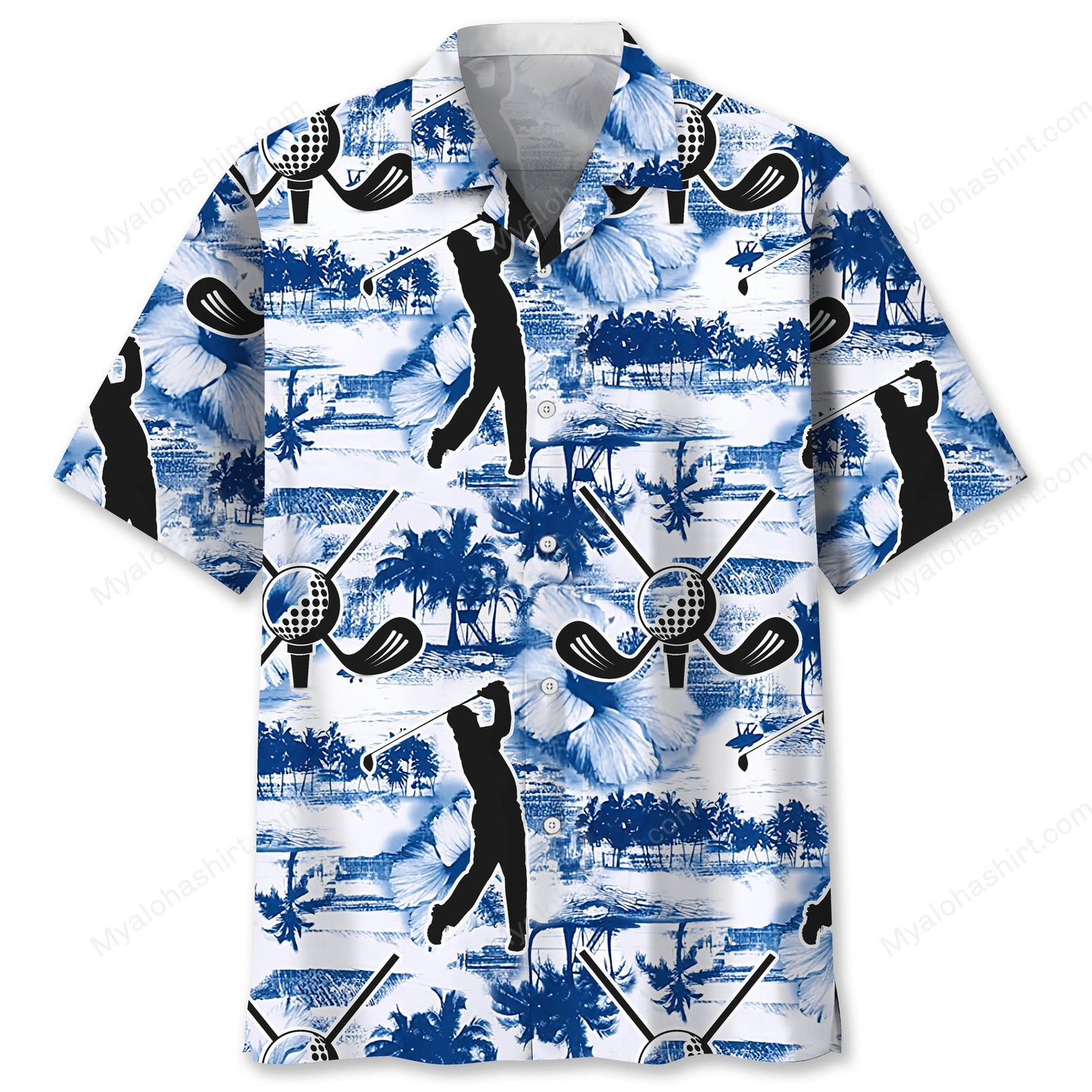 Golf Hawaii Shirt Golfer Silhouette Tropical Flower Pattern Hawaiian Shirt White Blue Unisex