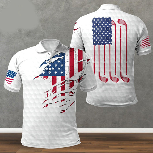 Golf Polo Shirt Golf Clubs American Flag Pattern Golf Shirts White Red For Men