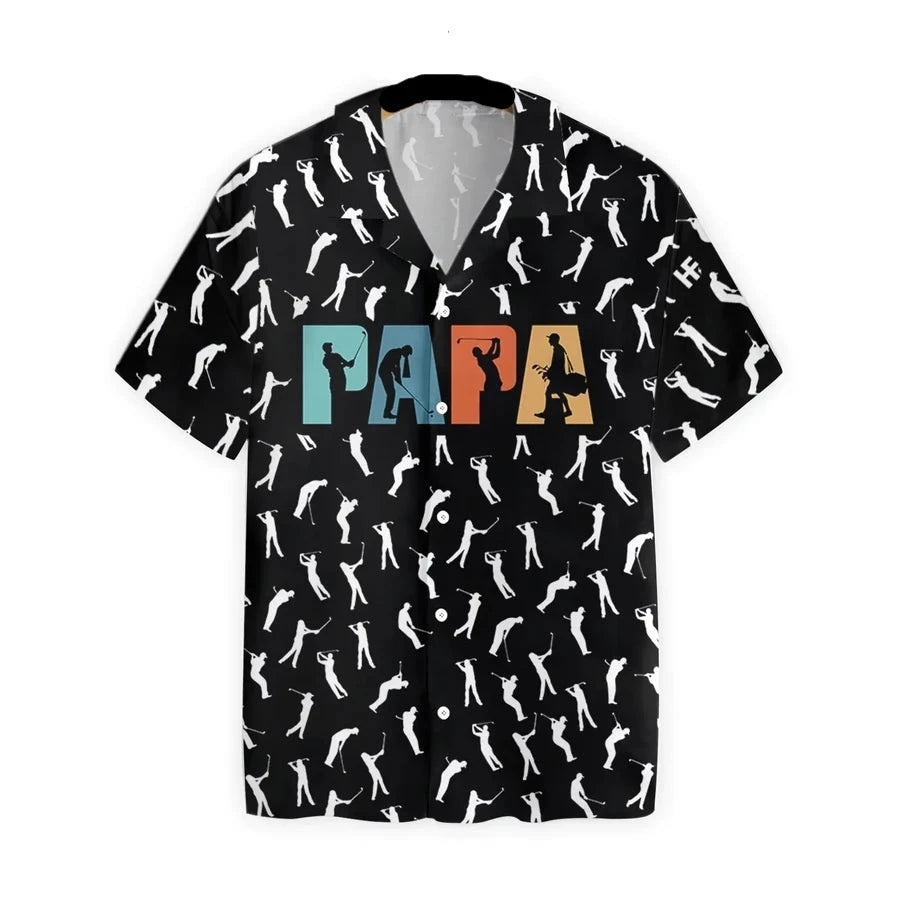 Golf Hawaii Shirt Retro Papa Golfer Silhouette Pattern Hawaiian Shirt Black White Unisex