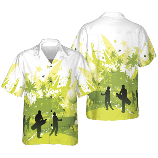 Golf Hawaii Shirt Golfer Silhouette Palm Tree Pattern Hawaiian Shirt White Green Unisex