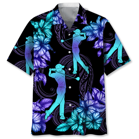 Golf Hawaii Shirt Golfer Silhouette Polynesian Tribal Pattern Hawaiian Shirt Black Blue Unisex