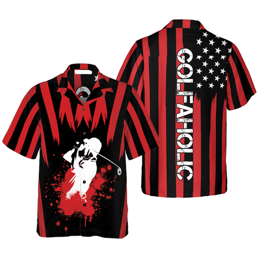 Golf Hawaii Shirt Golfaholic American Flag Player Silhouette Hawaiian Shirt Black Red Unisex