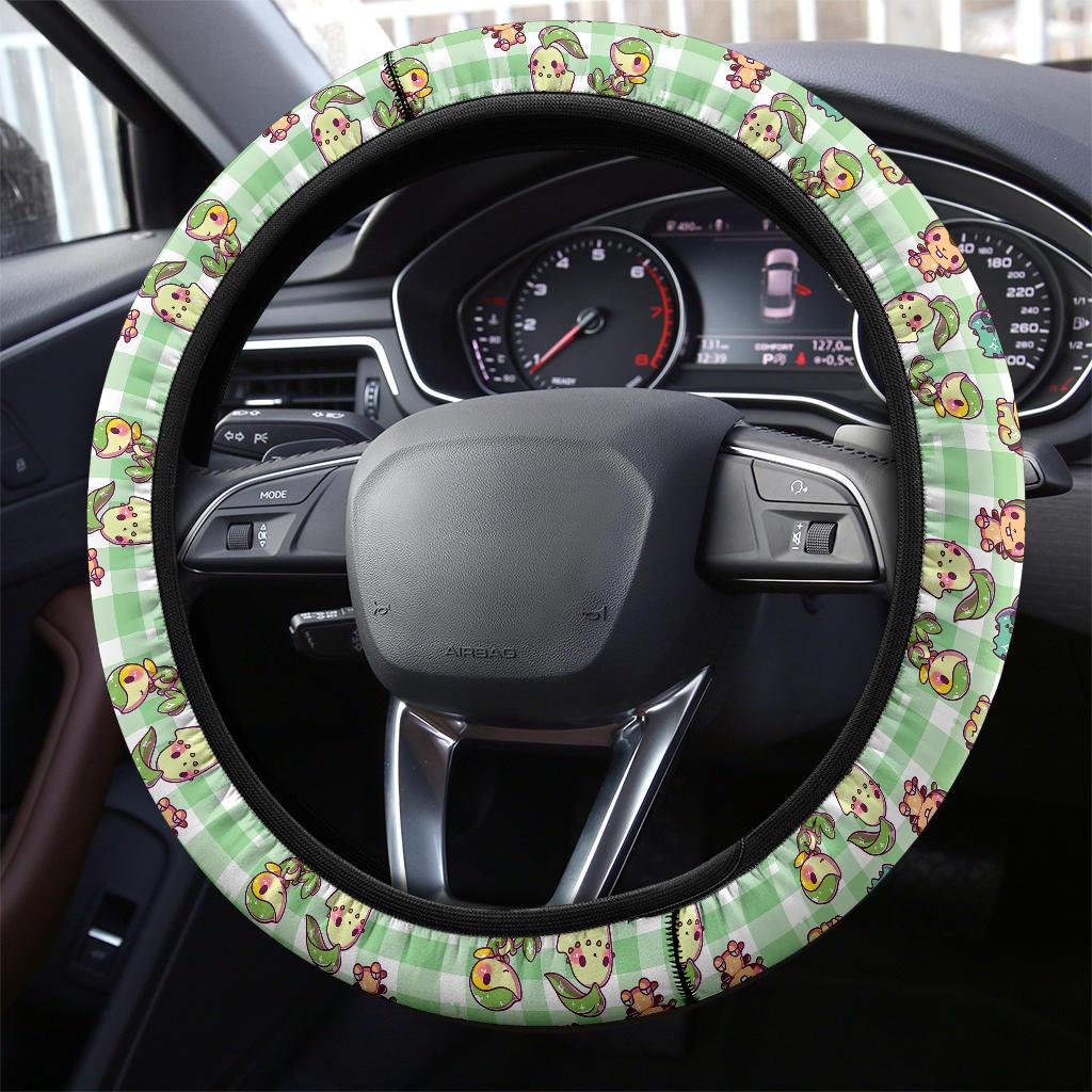 PKM Steering Wheel Cover Chibi Grass Type PKM Pattern Driving Wheel Cover Green