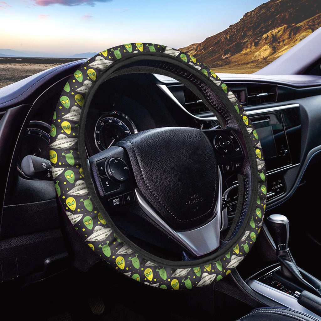 UFO Steering Wheel Cover UFO And Alien In Space Galaxy Driving Wheel Cover Black Green