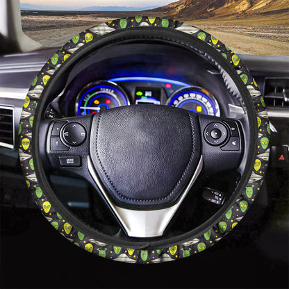 UFO Steering Wheel Cover UFO And Alien In Space Galaxy Driving Wheel Cover Black Green