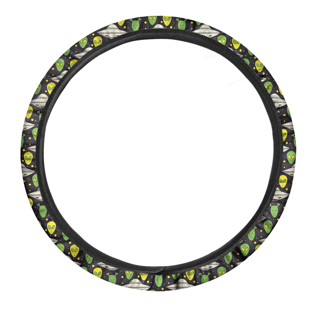 UFO Steering Wheel Cover UFO And Alien In Space Galaxy Driving Wheel Cover Black Green