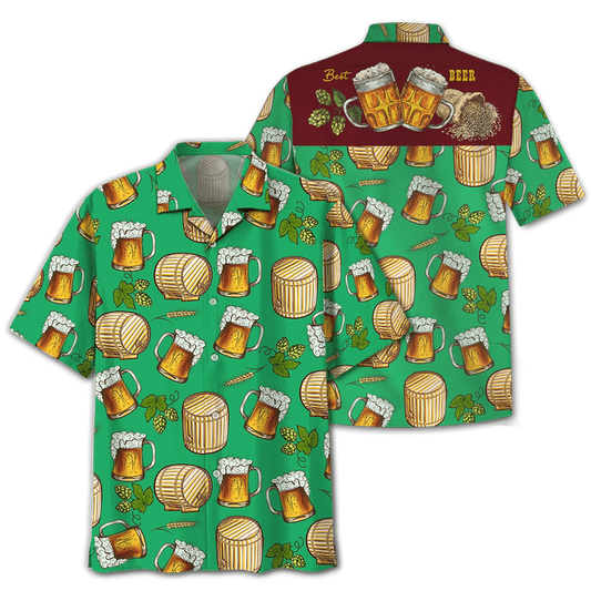 Beer Hawaii Shirt Beer Wooden Barrel Mug Pattern Hawaiian Shirt Green Unisex