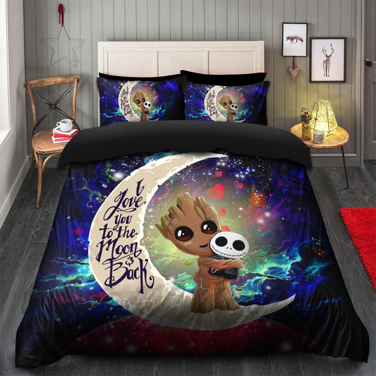 Groot Hold Jack Skelington Love You To The Moon Galaxy Bedding Set