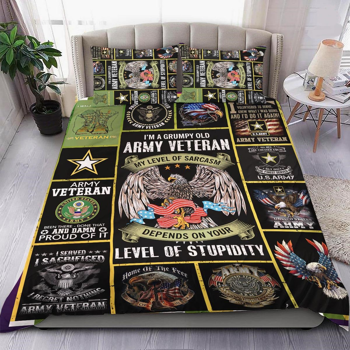 Veteran Bedding Set My Level Of Sarcasm Depends On Your Lever Of Stupidity Duvet Covers Green Black Unique Gift