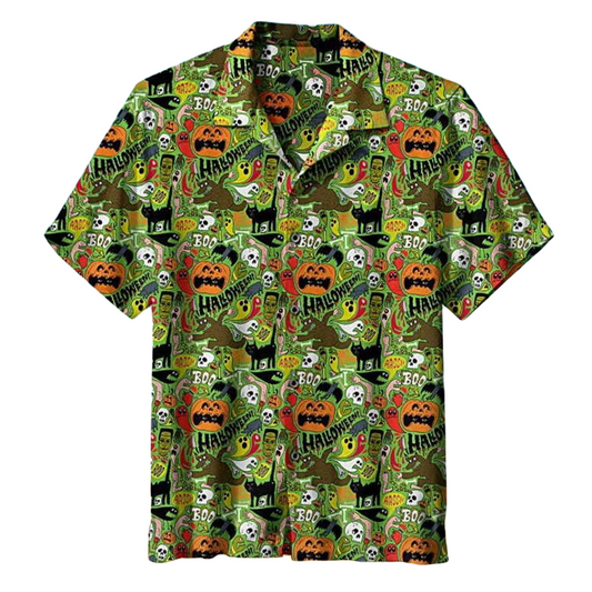 Halloween Hawaii Shirt Halloween Werewolf Frankenstein Black Cat Pattern Hawaiian Shirt Green Unisex