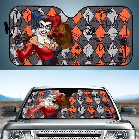 Harley Quinn Car Sun Shade Harley Quinn Lucky You Pudding Winshield Sun Shade Black Red