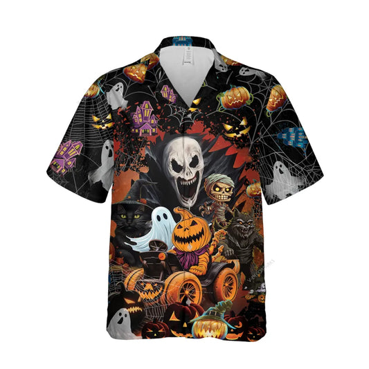 Halloween Hawaii Shirt Halloween Monsters Ghosts Pattern Hawaiian Shirt Black Orange Unisex