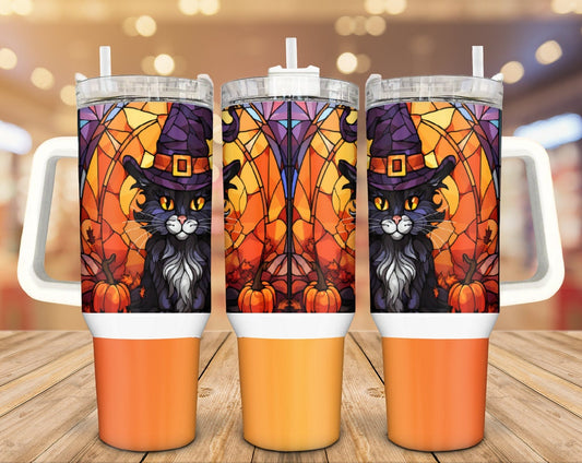 Cat 40 Oz Tumbler Halloween Witch Cat Stained Glass Tumbler 40 Oz Orange