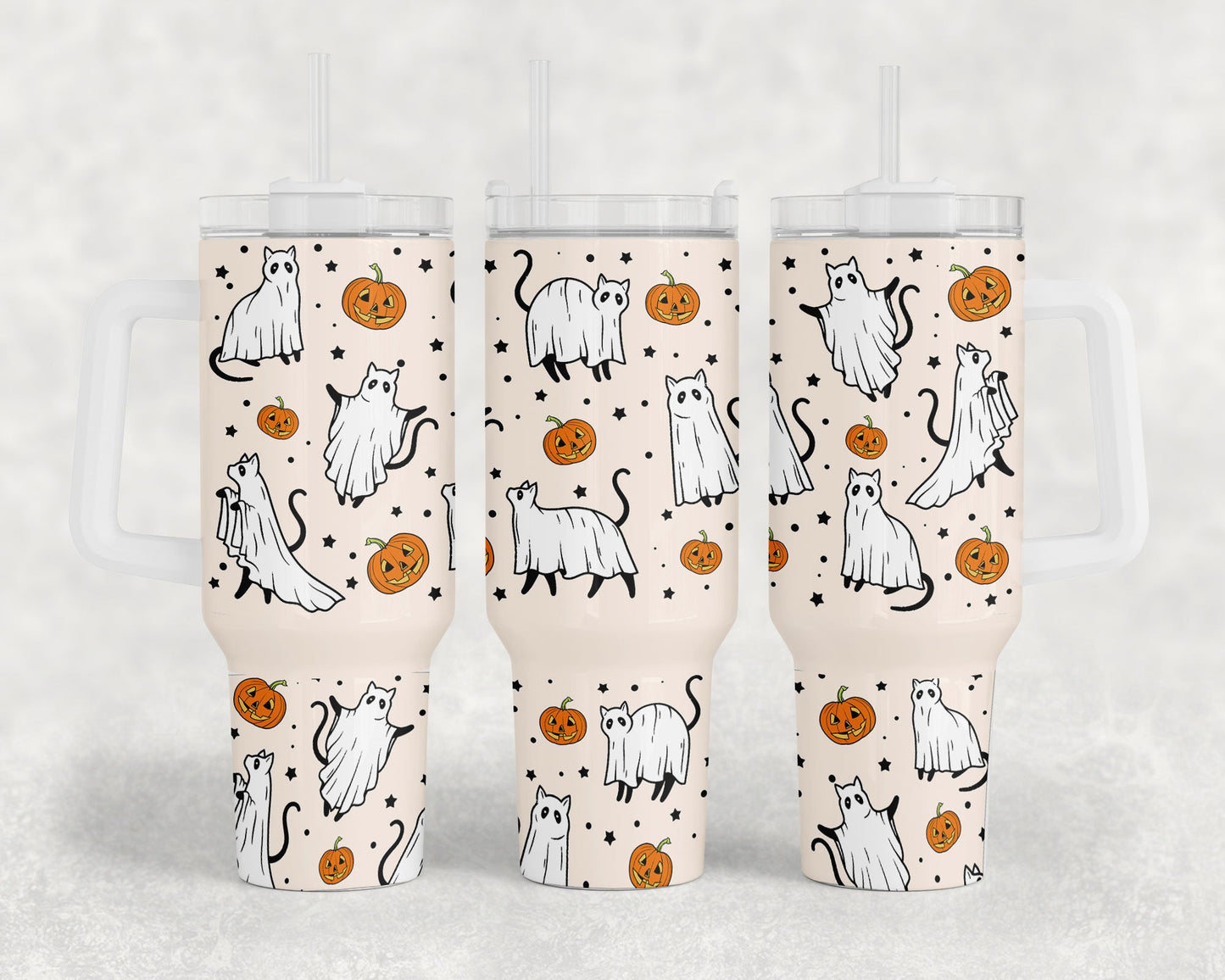 Cat 40 Oz Tumbler Halloween Cute Ghost Cat Tumbler 40 Oz Orange White