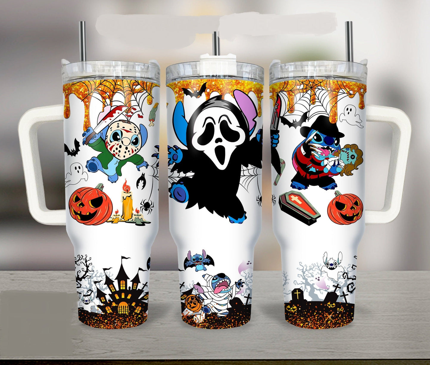 Stitch 40 Oz Tumbler Halloween Scary Character Stitch Tumbler 40 Oz Colorful