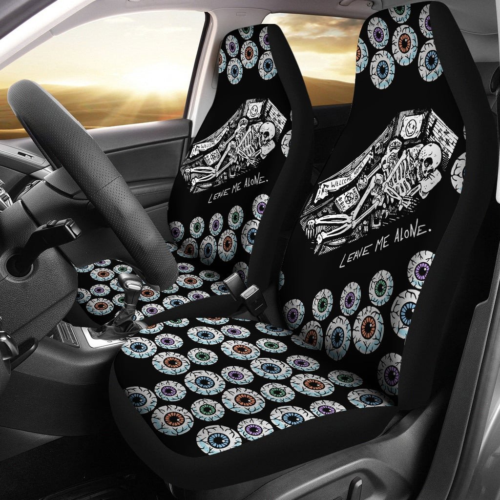 Halloween Car Seat Covers Skeleton In Coffin Leave Me Alone Seat Covers Black White