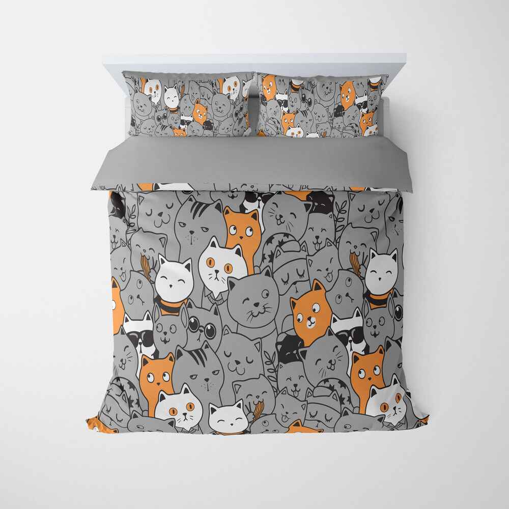 Cat Bedding Set All Types Of Cat Doodle Pattern Duvet Covers Gray Unique Gift