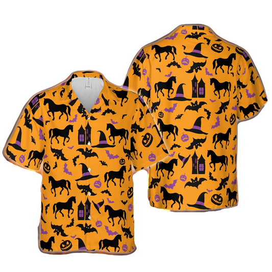 Halloween Hawaii Shirt Halloween Horse Witch Hat Bat Pattern Hawaiian Shirt Orange Unisex