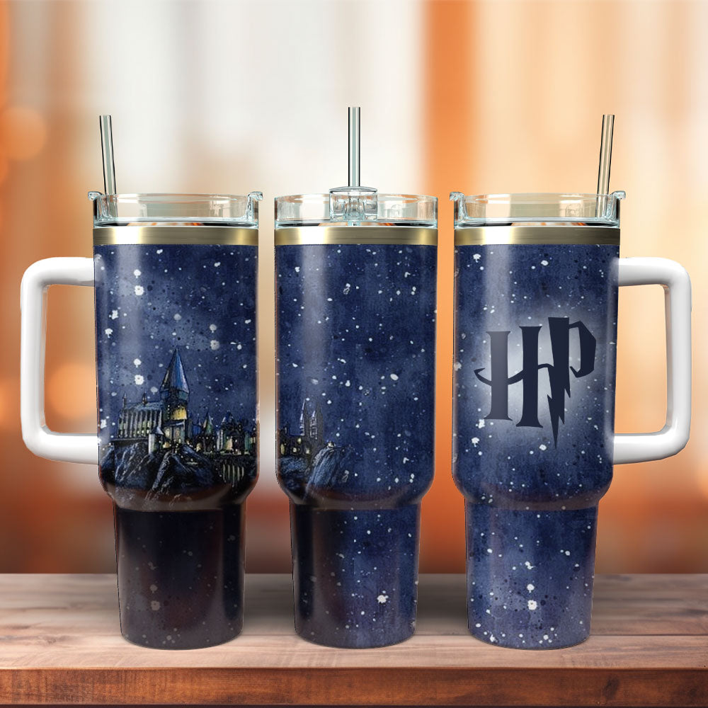 HP 40 Oz Tumbler HP Hogwarts Castle At Snowy Night Tumbler 40 Oz Black Blue